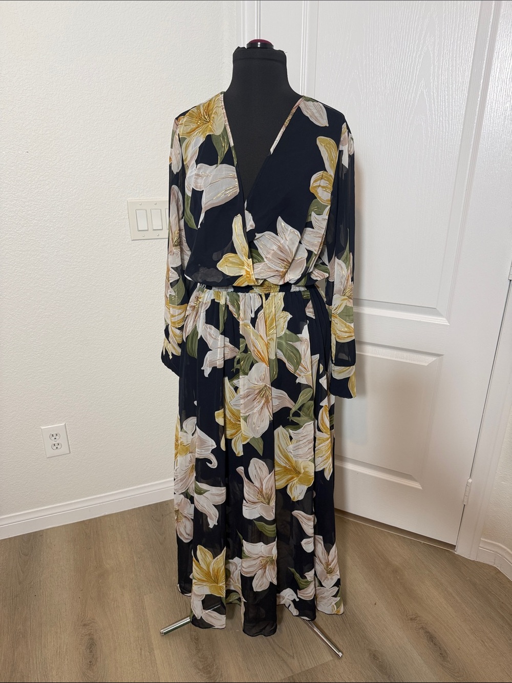 Black Floral Wrap Maxi Dress with Yellow Accents - Picture 7 of 7